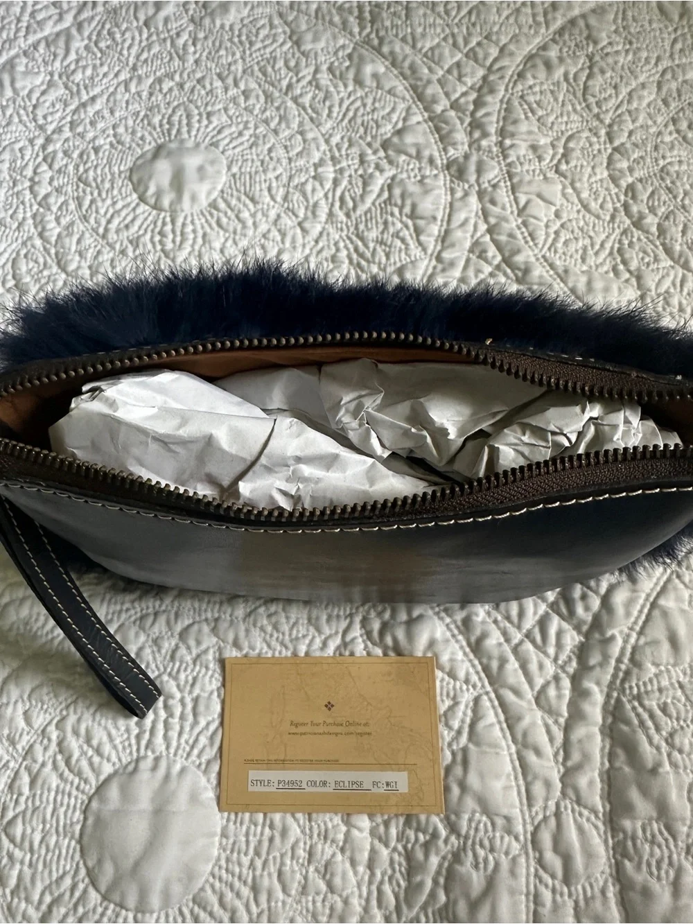 Patricia Nash Italian Leather Rabbit Fur Wristlet in Navy Blue